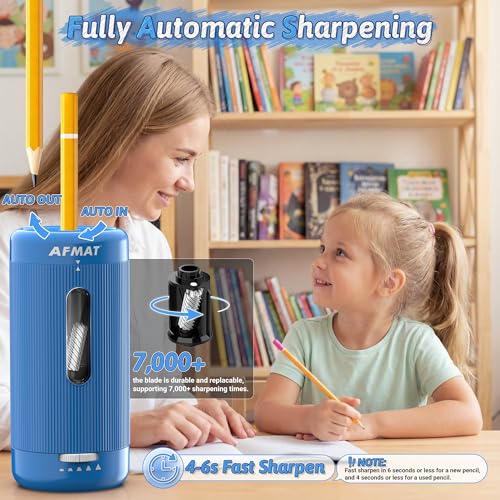 AFMAT Electric Pencil Sharpener, Auto in & Out, 5 Nibs, 7K+ Uses, Fully Automatic Classroom Pencil Sharpener, Rechargeable Hands-Free Sharpeners for Jumbo/Colored Pencils (φ6.5-12mm) PSC3(Sky Blue) - color: Sky Blue