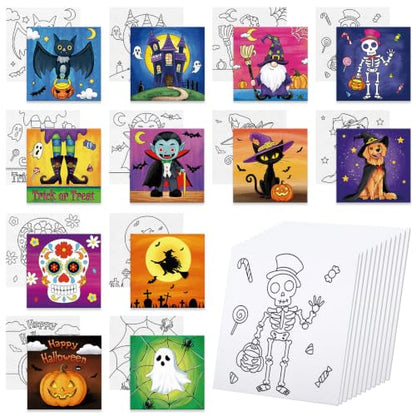 Anseal 12 Packs Pre Drawn Canvas to Paint, 4" X 4" Halloween Pre-Printed Paint Party for Painting, Pre Stretched Canvas Outline Painting Boards for Paint Lovers, Party Favor - style: Halloween