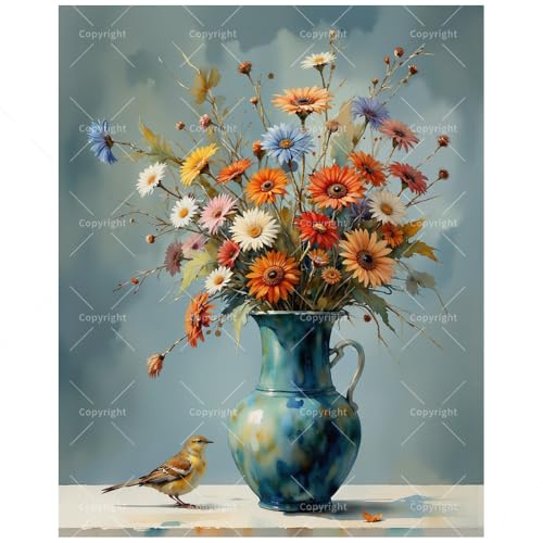 Bird and Vase Paint by Numbers Kit for Adults - DIY Bird with Orange and White Flowers Painting on Canvas 16x20 Inches, Acrylic Paint Set, Suitable for Beginners, Art for Home Decoration or Gifts - color: HSX01284, size: 16X20IN Folded