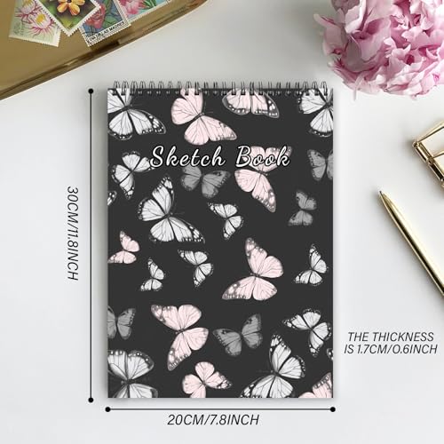 Deokke Sketchbook Top Spiral Bound Sketch Pad, 9 x 12 inch,100GSM Thick Paper,50 Sheets 100 Pages,Art Sketch Book Aesthetic Cute Drawing Writing Paper for Girls Women-Pink Gray Butterfly - color: A-19-Pink Butterfly