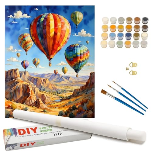 Hot Air Balloons Paint by Numbers Kit for Adults - DIY Balloons Over Canyon Landscape Painting on Rolled Canvas 16x20 Inches, Acrylic Paint Set for Beginners, Art for Home Decoration or Gifts - color: HSX00729, size: 16X20IN Rolled