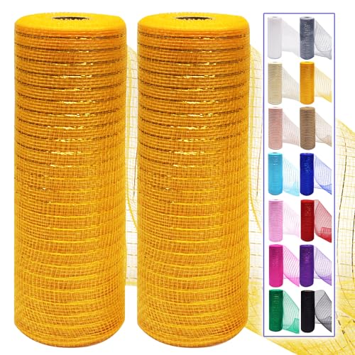 Gold Mesh Ribbon Rolls 10 Inch 10 Yds, Deco Mesh Fabric for Wreaths | (2 Rolls) 30Ft Each, Decorative Foil Mesh for Christmas Tree Ribbon, Door Decor, DIY Crafts, Halloween, Wedding Party Supplie - color: Gold