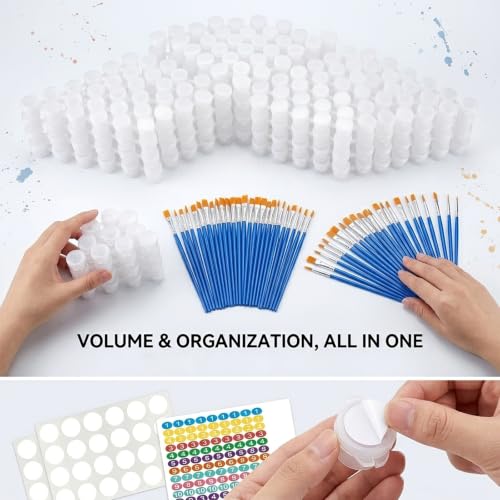 30 Empty Paint Containers with Lids - Mini Paint Pods | 180 Paint Pots Container Strips (3ml/0.1oz), 40 Flat Paint Brushes, 260 Labels for Color Organization,140 blank labels - color: 30 Strips+40 Flat Brush+260 Labels