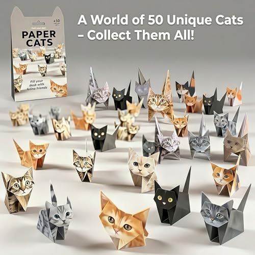 3D Origami Cat Kit, 50 Paper Cats, DIY Craft Kit for Adults & Teens