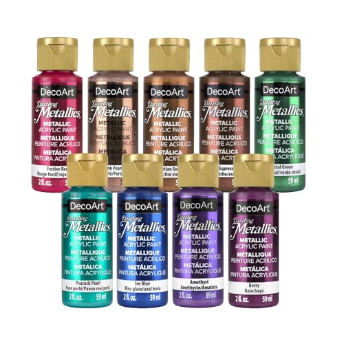 DecoArt Americana Dazzling Metallics Acrylic Paint Set – Bold Metallic Colors, 9 Bottles (2 fl oz) – Craft Metallic Paints for Canvas, Wood & DIY Projects - color: Multi - Bold Metallic