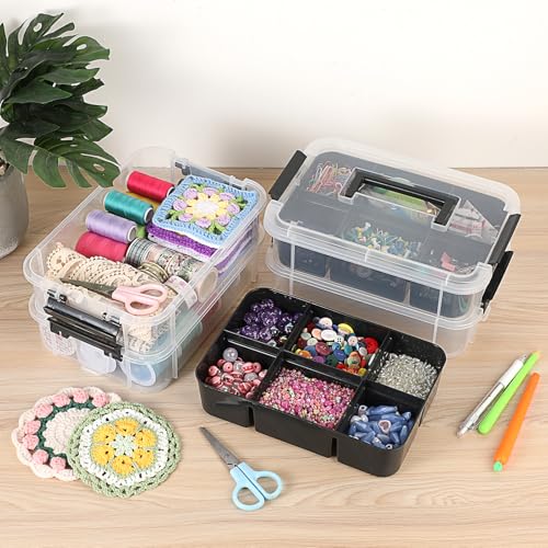 JUXYES 4-Tiers Plastic Stack Carry Storage Containers Box wih Handle Lids - color: Black