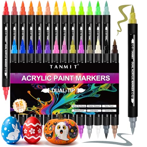 TANMIT 56 Colors Acrylic Paint Markers, 26 Pack Dual-Color Acrylic Paint Pens Markers for Rock Painting, Wood, Canvas, Stone, Glass, Ceramic Surfaces, DIY Crafts Art Supplies Kit - color: 56 Colors