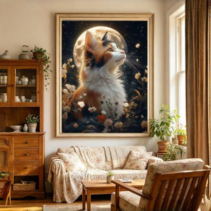 Moon Cat 5D Diamond Painting Kit, Wildflower Diamond Art for Adults | Full Round DrillDiamond Dots Kits Gem Arts DIY Crafts for Home Wall Deco Present Cat Lovers12x16inch - color: KM1144-1
