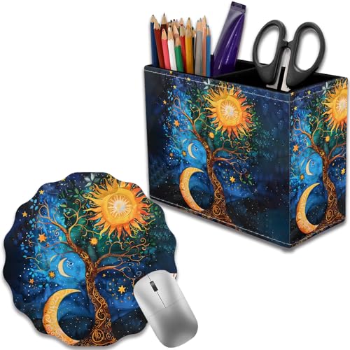 Pen Holder for Desk, PU Leather Multifunctional Desktop Storage Box and Anti-Slip Mouse Pad Set, Makeup Brush Holder Pen Organizer for Office and Home - Sun Moon Stars - color: Sun Moon Stars