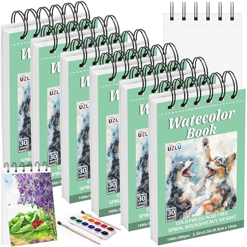 6 Pack Watercolor Paper Pad, 3.5x5.5 Inch Water Color Paper, 140lb/300gsm, Cold Press, Acid-Free, 180 Sheets Spiral Bound Watercolor Paper Pad for Wet & Dry Media, Ideal for Adults, Artists - size: 3.5x 5.5 in