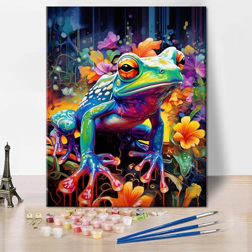 TUMOVO Frog DIY Paint by Numbers Kit for Adults 16x20 Inch | Abstract colorful frog in water art acrylic painting unframed pre-numbered canvas for home wall decor - color: Frog