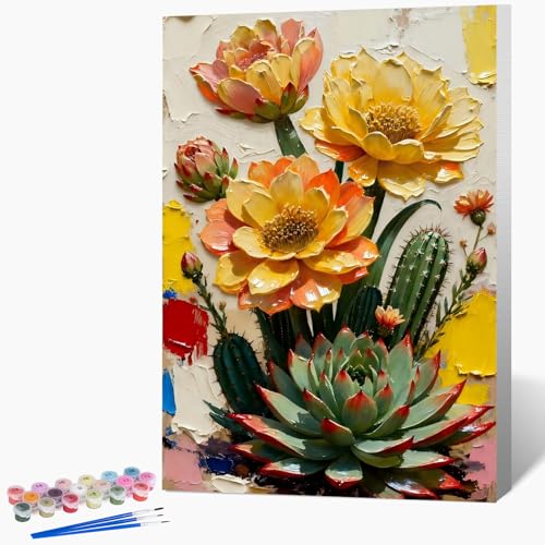 Framed Paint by Numbers Kit for Adults Beginner & Kids Ages 8-12, Flowers Plant Paint by Numbers with frame, without Easel, DIY Acrylic Number Painting for Adults for Home Decor Gift 8 x 12 Inch - color: DG-OP-F-CactusFlower-2030