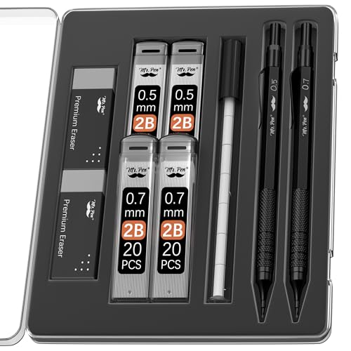 Mr. Pen- Metal Mechanical Pencil Set with Lead Refills & Erasers, 2 Pack | 2 Sizes, 0.5 & 0.7mm, 4x Tubes 2B Lead Refill, 2x Erasers for School Supplies, Note Taking, Drawing, Fathers Day Gift