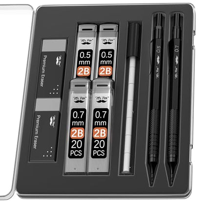 Mr. Pen- Metal Mechanical Pencil Set with Lead Refills & Erasers, 2 Pack | 2 Sizes, 0.5 & 0.7mm, 4x Tubes 2B Lead Refill, 2x Erasers for School Supplies, Note Taking, Drawing, Fathers Day Gift
