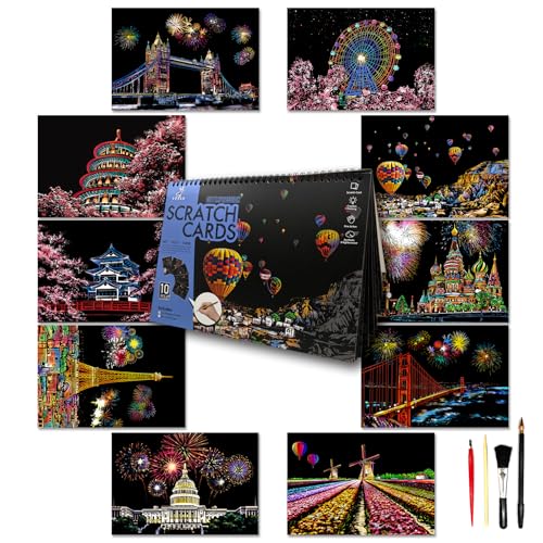 DESINIK Scratch Art Book for Adults-Rainbow Scratch Painting Art Kit DIY Craft Kit with 1 Rainbow Scratch Art Book and 4 Tools,Impression City Series - color: Impression City Series