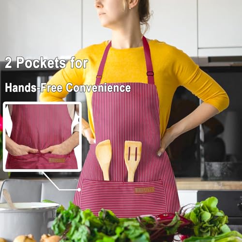 BeLuyi Adjustable Bib Apron with 2 Pockets Chef Cooking Kitchen Restaurant Aprons for Women Men - color: Wine Pinstripes