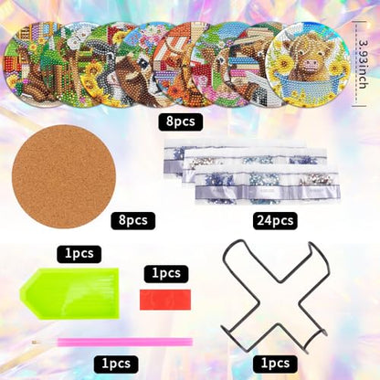 8 Pcs Diamond Art Painting Coasters with Holder, DIY Highland Cow Flower Diamond Art Coasters for Drinks Diamond Art Painting Kits for Beginners, Diamond Craft Supplies for Adults - color: Highland Cow