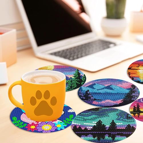 8 Pcs Diamond Art Coasters Kits with Holder, Landscape DIY Diamond Paintings Coaster Kits,Scenery Full Drill Rhinestone Painting Kits for Adults Beginners Art Craft Supplie for Tabletop Protection.
