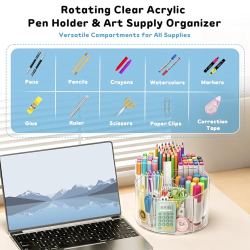 SUPEASY Acrylic Rotating Pencil Holder, 360° Clear Pen & Marker Organizer | Crayon Art Supply Organizer with 6 Compartments and Carry Handle for Desk, Home, Office, Classroom