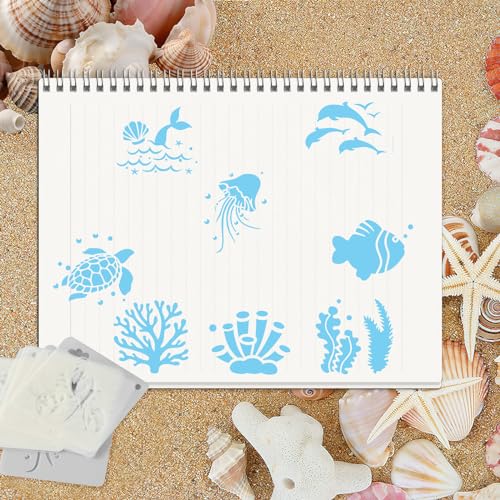 JULMELON 20 Pcs Summer Beach Stencils for Painting Ocean Sea Creatures | PET Plastic, Stencils for Rock Painting, Beach Stencils for Painting, Wood Wall Home Decor, 3 Inch Reusable Templates - style: Sea Life Stencils