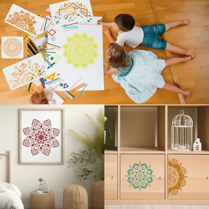 12Pack Large Mandala Stencils for Painting on Wood 18x10 in and 12x 12 in Damask Stencils for Walls Reusable Floral Texture Stencil with Brushes Drawing Templates for Floor Furniture Tile Fabric - style: Mandala Stencils-12PCS