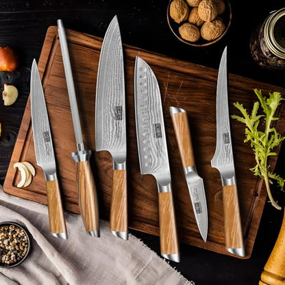 HOSHANHO Damascus Knife Block Set 7PCS, Sharp Kitchen Knives with Sharpener | Professional Chef Knife Set | Japanese Super Steel | 15° Edge | 62 HRC | Ergonomic Olive Wood Handle | Ideal Cooking Gift - style: 7 Pieces Knife Set