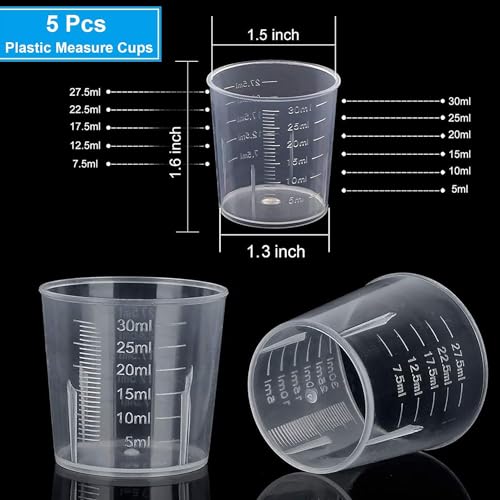 Measuring Cups Kit - 5 Pcs 30ml, 2 Pcs 100ml Plastic Measuring Cups, Paint Resin Mixing Cups, Medicine Graduated Measure Cups with 5 Pcs Mixing Sticks, 10 Pcs Finger Cots and 5 Pc Transfer Pipettes - color: 2 Pcs 100ml + 5 Pcs 30ml Kit