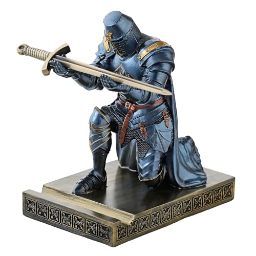 Medieval Templar Vanguard Officer Knight Pen Holder Desk Organizers Blue | Pencil Stand Paperweight Desktop Decoration Accessories Cell Phone Stand with a Fancy Sword for Medieval Warrior Enthusiast - color: Blue