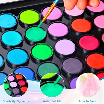 48 Color Solid Watercolor Paint Set with 3 Wooden Brushes for Adults Kids