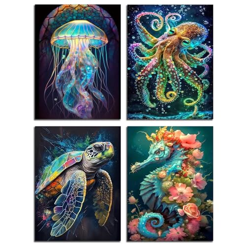 Muzagroo Art 5D Diamond Painting Kits for Adults, DIY Diamond Art Kits for Beginners, Turtle Diamond Dot Kits Gem Arts and Crafts for Living Room, Gem Painting Bedroom 4 PCS Wall Art - color: 06-Marine animals