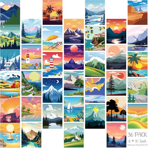 Harloon 36 Pcs 8 x 10 Inch Pre Drawn Canvas for Painting Pre Stretched Canvas Painting for Adults Illustration Landscape Outline for Sip and Paint Party Supplies Favor - style: Mountain