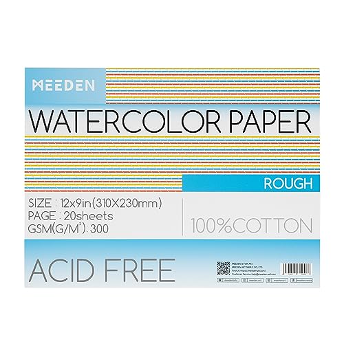 MEEDEN Cotton Watercolor Paper Block: 9" x 12" Rough Grain of 20 Sheets | 140lb/300gsm 100% Cotton Watercolor Paper Pad, Acid-free Art Paper for Painting, Drawing, Watercolor, Gouache, Ink and More - color: Rough Grain, size: 9×12"