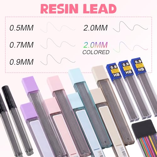 Eersida 47 Pcs Aesthetic School Supplies with Cute Pen Case, Mechanical Pencils 0.5mm, 0.7mm, 0.9mm & 2.0mm with Leads and Eraser Refills, Wood Pencils #2, for Writing, Drawing & Drafting (Pink) - color: Pink