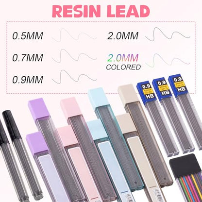 Eersida 47 Pcs Aesthetic School Supplies with Cute Pen Case, Mechanical Pencils 0.5mm, 0.7mm, 0.9mm & 2.0mm with Leads and Eraser Refills, Wood Pencils #2, for Writing, Drawing & Drafting (Pink) - color: Pink