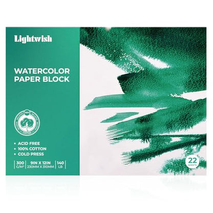 LIGHTWISH Watercolor Paper Block, 9x12 Inch 22 Sheets, 100% Cotton 300gsm/140lb Heavyweight Paper, Cold Press Paper for Wet and Dry Media, Acid-Free Art Paper for Artist & Beginner (23x31cm)