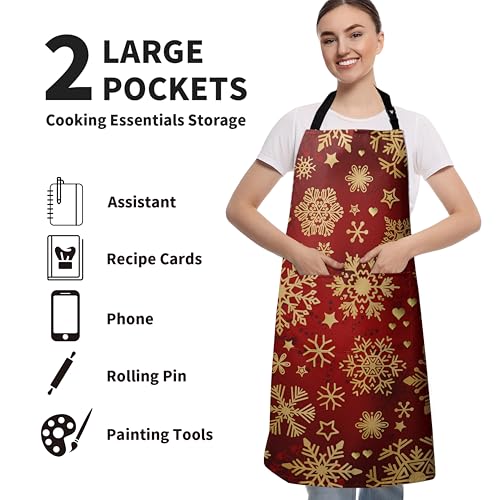 Winter Apron Gold Snowflakes Apron for Adult Red Christmas Aprons with Adjustable Strap Baking Aprons with Two Pockets for Cooking,Crafting, Painting - color: Gold Snowflakes