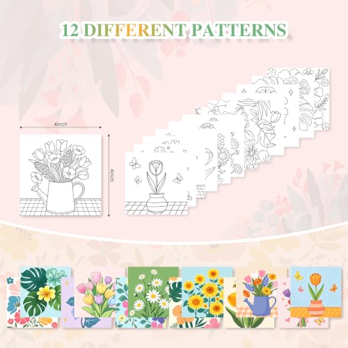 12 Packs Floral Pre Drawn Canvas to Paint, Flower Pre Printed Canvas for Painting, Pre Stretched Canvas Outline Painting Boards for Beginners, Students, Party Favors(4 * 4in) - color: floral