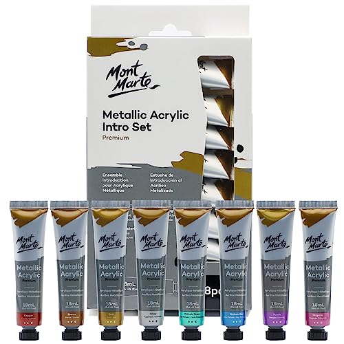 Mont Marte Metallic Acrylic Paint Set 8 Piece x 18 ml Tubes, Lightfast Colors with Smooth Consistency and Opaque Metallic Finish. - size: 0.61 Fl Oz (Pack of 1)