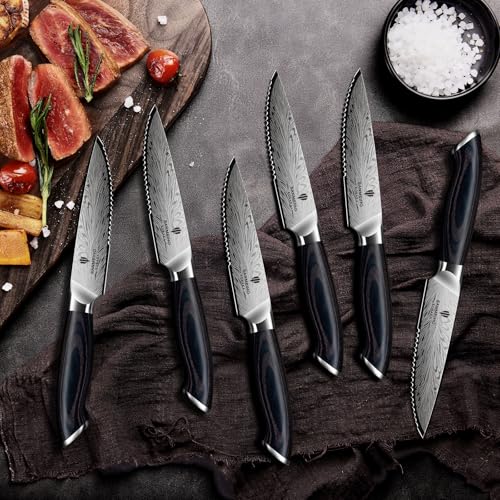 Steak Knives Set of 6, Powder Steel Steak Knife Set | Ultra Sharp 4.5 Inch Serrated Steak Knives with Ergonomic Pakkawood Handle Japanese Knives for Steak, Bread and Butter - size: 6PCS Steak Knife Set