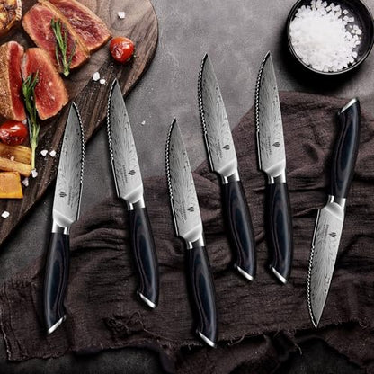 Steak Knives Set of 6, Powder Steel Steak Knife Set | Ultra Sharp 4.5 Inch Serrated Steak Knives with Ergonomic Pakkawood Handle Japanese Knives for Steak, Bread and Butter - size: 6PCS Steak Knife Set