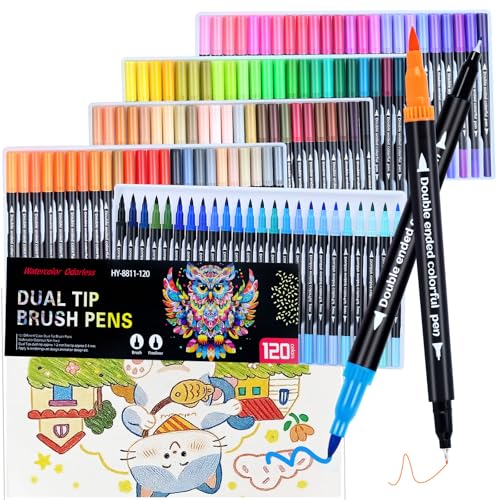 120 Colors Dual Markers Brush Pens ,Dual Tip Brush&Fine Tip Markers for Adult Kids Coloring,Water-based Ink Art Marker,Calligraphy Pens Fineliner and Brush Tips for Hand Lettering, Journal, Doodling - color: 120 Colors