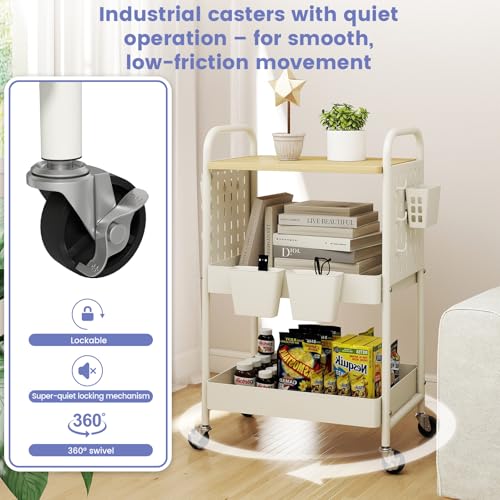 3 Tier Rolling Cart with Wooden Table Top, White Rolling Utility Cart with DIY Pegboards & Locked Wheels, Easy Assembly for Nursery, Living Room, Studio - color: White