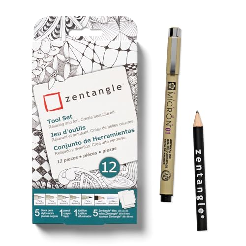 SAKURA Zentangle Tiles, 3.5", White | All-in-One Kit for Drawing, Relaxing, Meditative Patterns, Includes Gelly Roll and Micron Pens, White Pencil and Black Tiles - size: 1 Count (Pack of 12)