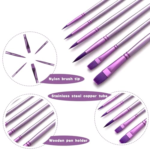 Acrylic Paint Brush Set, 6 pcs Watercolor Brushes, Painting Brush Nylon Hair Brushes for All Purpose Oil Watercolor Painting Beginner Kits (6, Purple) - color: Purple