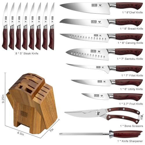 HOSHANHO 18PCS Kitchen Knife Block Set, Sharp Chef Knives with Sharpener | Super Sharp High Carbon Stainless Steel Cooking Knife Set, Professional Cutlery Knife Set with Sharpener, Ideal Home Gift Set - size: 18 Pieces Knife Set