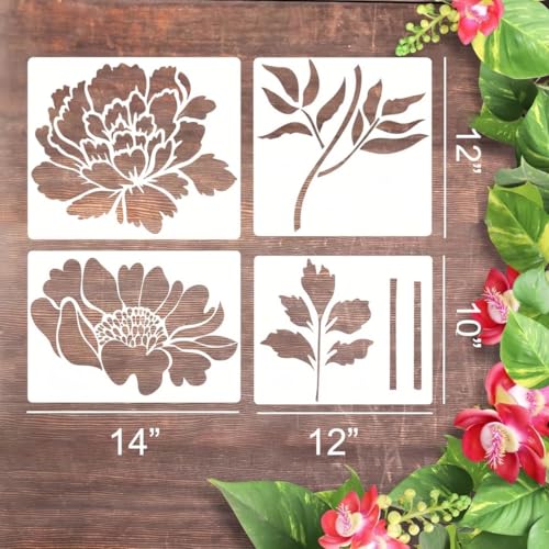 6 Pcs Large Flower Stencils for Painting, 14 X 12 Inch Flower Stencils for Crafts Reusable, Wood and Wall Stencils for Painting Large Pattern, DIY Templates Holiday Wall Paper (E) - style: E