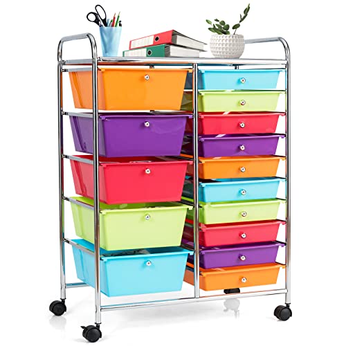 COSTWAY 15 Drawer Rolling Storage Cart, Mobile Storage Organizer | Removable Drawers & Metal Frame, Multipurpose Utility Tools Paper Organizer on Wheels for Home, Office (Multi-color) - color: Multi-color, size: 15 Drawer