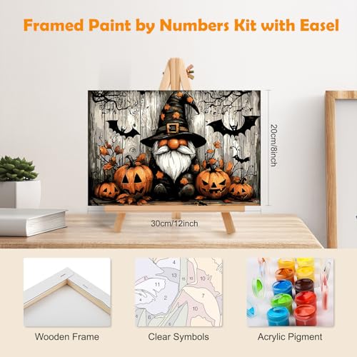 MOGTAA Halloween Paint by Numbers Kit for Adults Beginners with Frame, Gnomes Adult Paint by Number Kits on Canvas with Easel, Easy DIY Pumpkin Oil Painting Kits for Home Decor, 8x12in - color: Gnomes