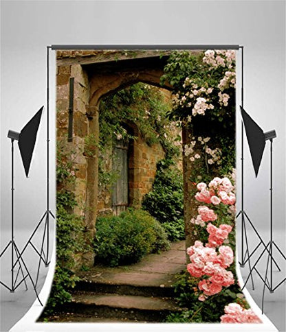 AOFOTO 5x7ft Vintage Garden Flowers Backdrop Blossoms Photography Background Medieval Castle Shabby Brick House Girl Adult Artistic Portrait Travel Photo Shoot Studio Props Video Drop Wallpaper Drape
