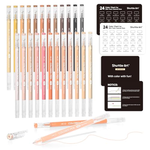 Shuttle Art Colored Pens, 24 Skin Tone Colors Cute Journal Pens 0.6mm Fine Point Colored Gel Pens for Black Paper Adult Coloring Writing Drawing Journaling Note Taking School Office Home - color: 24 Skin Tone